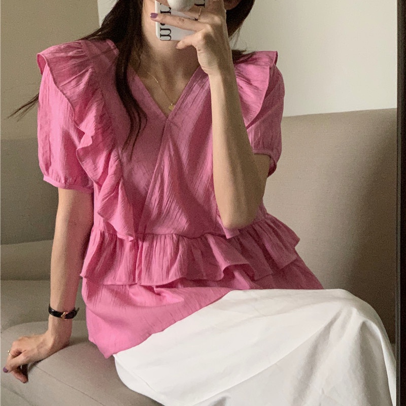 SUXI Áo Sơ Mi Tay Ngắn Cổ Chữ V Màu Sắc Ngọt Ngào Phong Cách Hàn Quốc Thời Trang Mùa Hè Cho Nữ