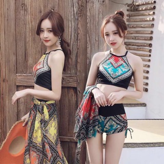 Bikini đi biển . Set 3 chi tiết ạ.  ✔️ áo thiết kế dây yếm , quần đùi cạp cai  ✔️kèm khăn choàng voan cát hàn, bộ rat êp