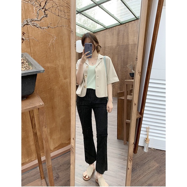 Quần Jean Ống Loe Đen Lưng Cao Trơn Tulidu Quần Bò Ống Loe Nữ Co Giãn  511 07