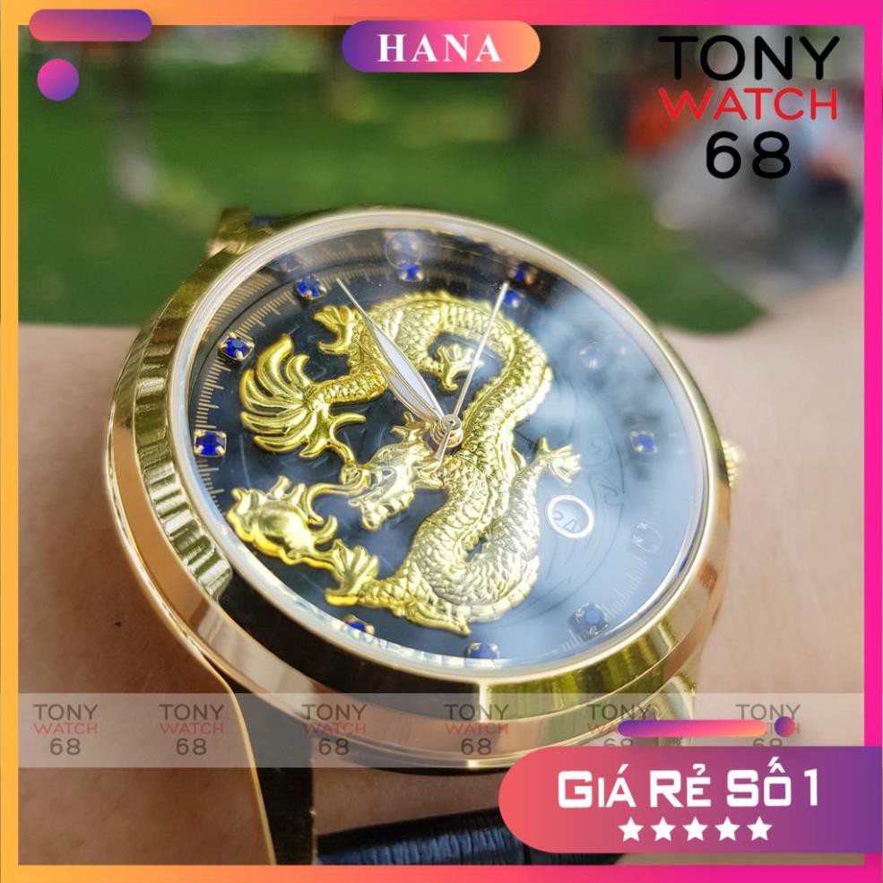 Đồng hồ nam SL dây da mặt rồng nổi mạ vàng đá xanh đỏ có lịch quyền lực chính hãng Tony Watch