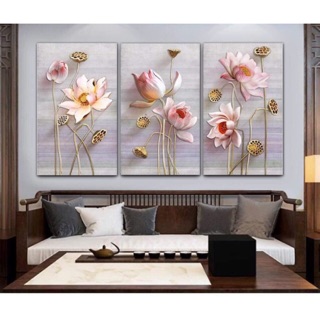 Bộ 3 tranh canvas sen KT 30cm x 40cm x 3( khung tranh tràn viền ) SR114-2