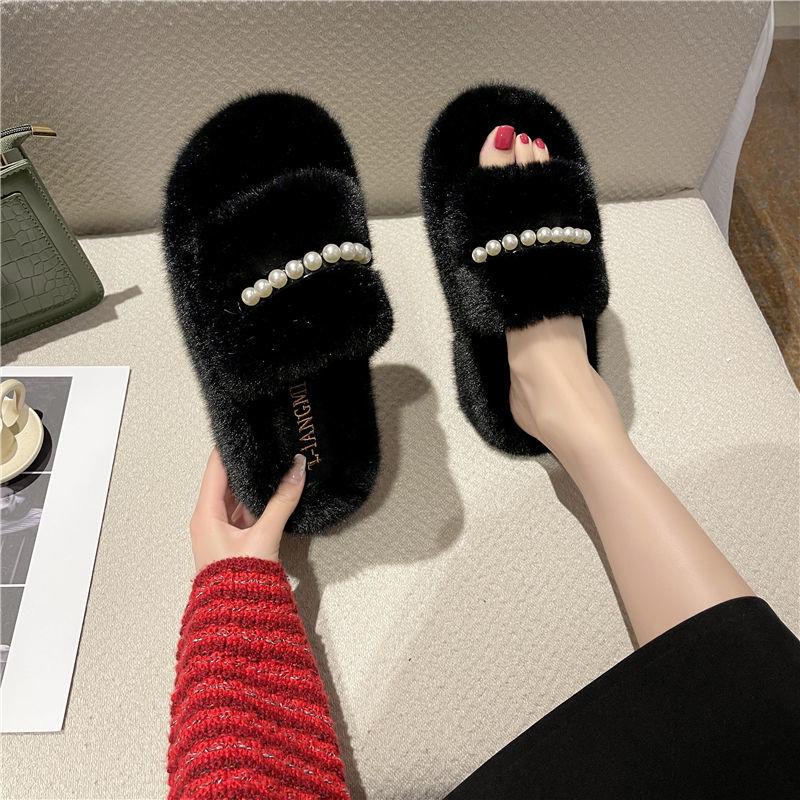 Dép bằng cotton đế bằng phối lông thời trang thu đông cho nữ