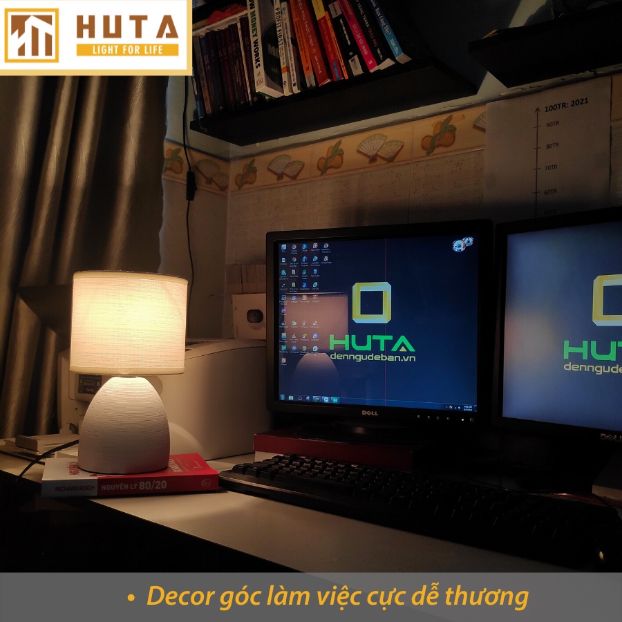 Đèn Ngủ Để Bàn THÂN GỐM SỨ THỦ CÔNG, Chao Vải, Bóng Led E27, dùng trang trí decor, mã S2– HUTA shop