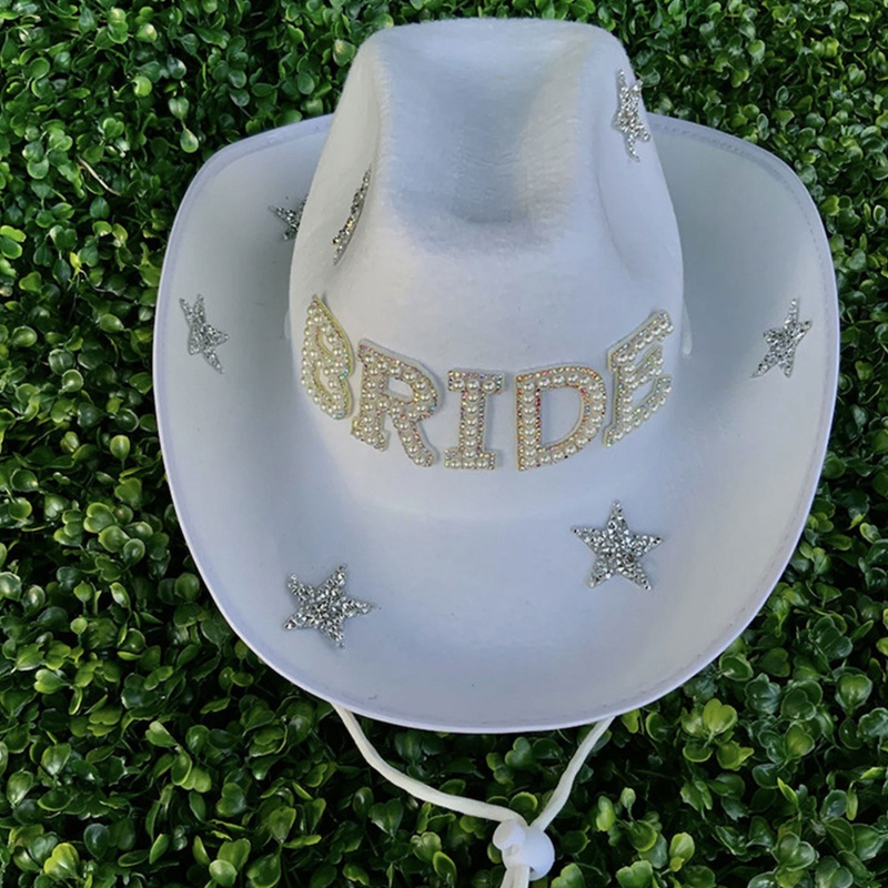 Mũ Cao Bồi Phối Dây Rút Vành Rộng In Chữ BRIDE Stars Phong Cách Cao Bồi Phương Tây Dành Cho Bạn Gái