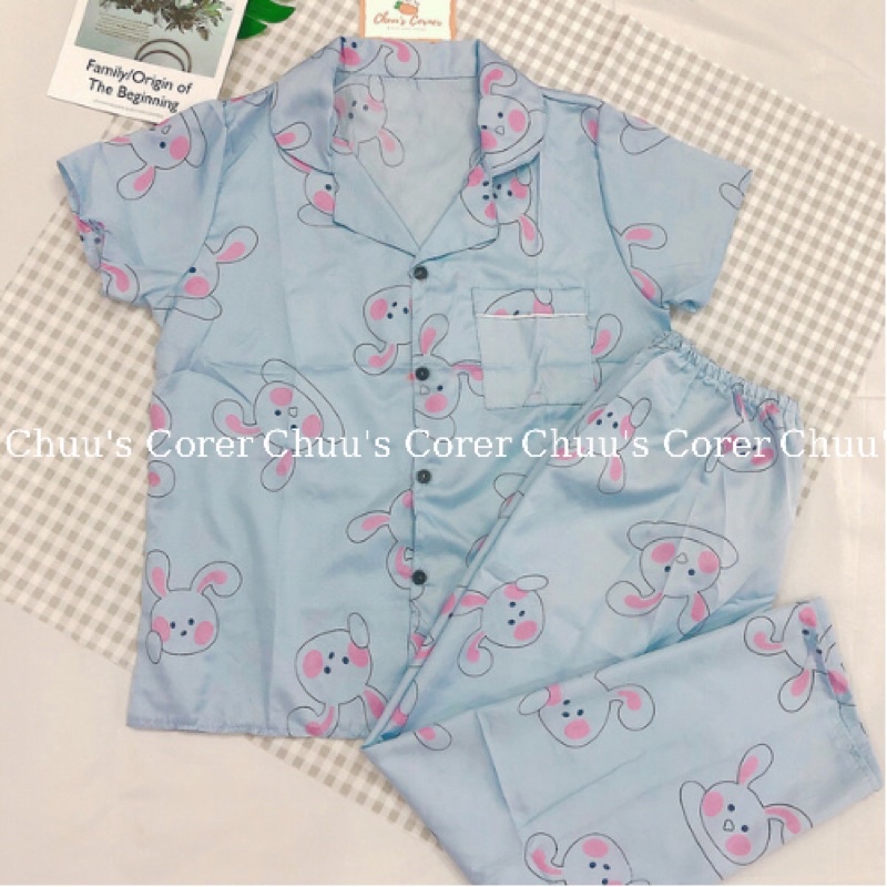 Set bộ ngủ pijama lụa kate tay ngắn quần dài hoạ tiết xinh xắn cho nữ