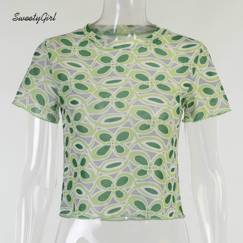 Áo croptop Ngắn Tay Cổ Tròn In Hoa Thời Trang Cho Nữ