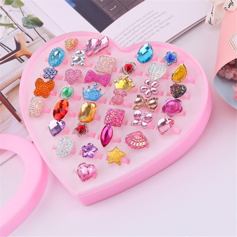 [Hàng mới về] Bộ 36 chiếc nhẫn đính đá lấp lánh có thể tùy chỉnh kèm theo hộp cố định cho bé gái