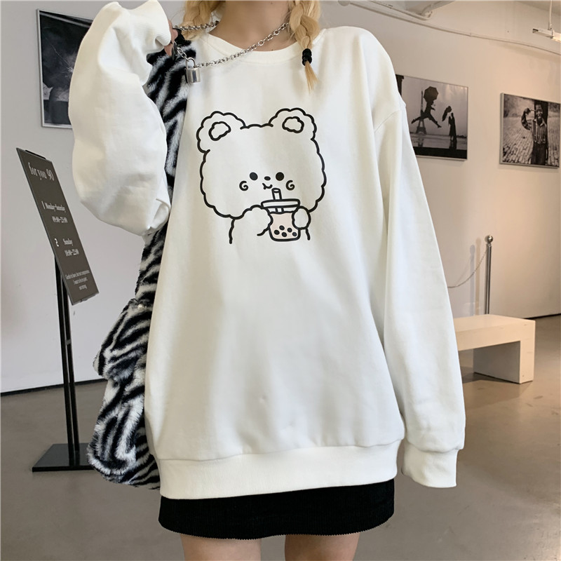 Áo Sweater Tay Dài Dáng Rộng In Hình Gấu Đáng Yêu Thời Trang Mùa Thu