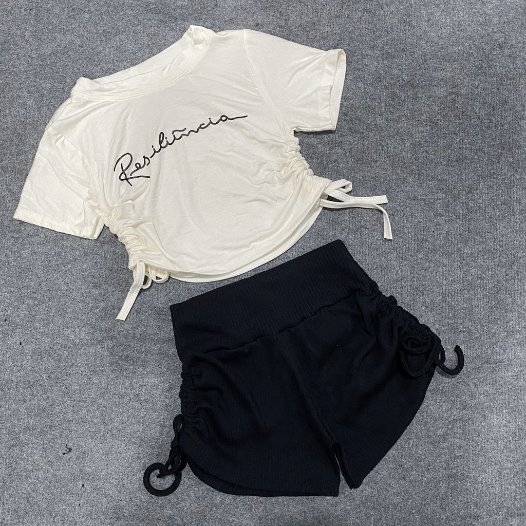 Set đồ năng động- Set áo thun rút dây 2 bên Res quần đùi rút dây tập Gym