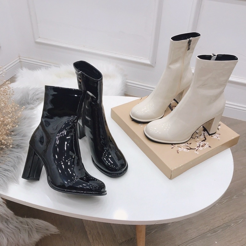 Bốt nữ Boots cao cổ mũi tròn da bóng gót trụ vuông cao 9p hàng cao cấp fullbox