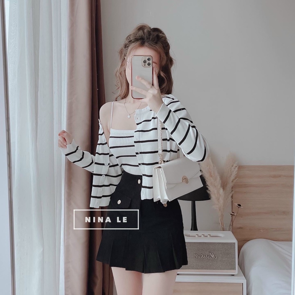 Sét váy nữ thời trang mặc đi chơi, Sét váy for 3 món áo thun gân 2 dây mix chân váy A xếp ly kèm khoác tay dài