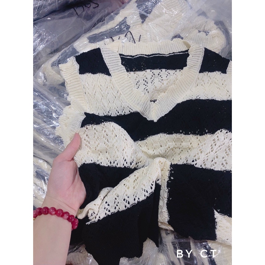 Váy lưới nữ cổ tim sát nách dáng suông họa tiết sọc ngang thời trangI Trần Hân Shop 3007407