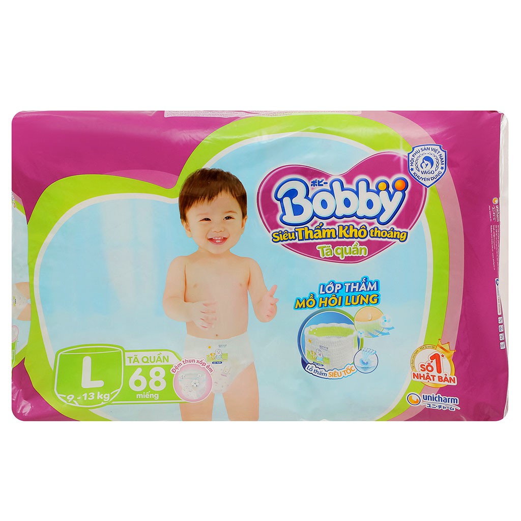 [CHÍNH HÃNG] Bỉm - Tã Quần Bobby Siêu Thấm Khô Thoáng Size L68 (Lớp thấm mồ hôi lưng, cho bé 9-13kg)