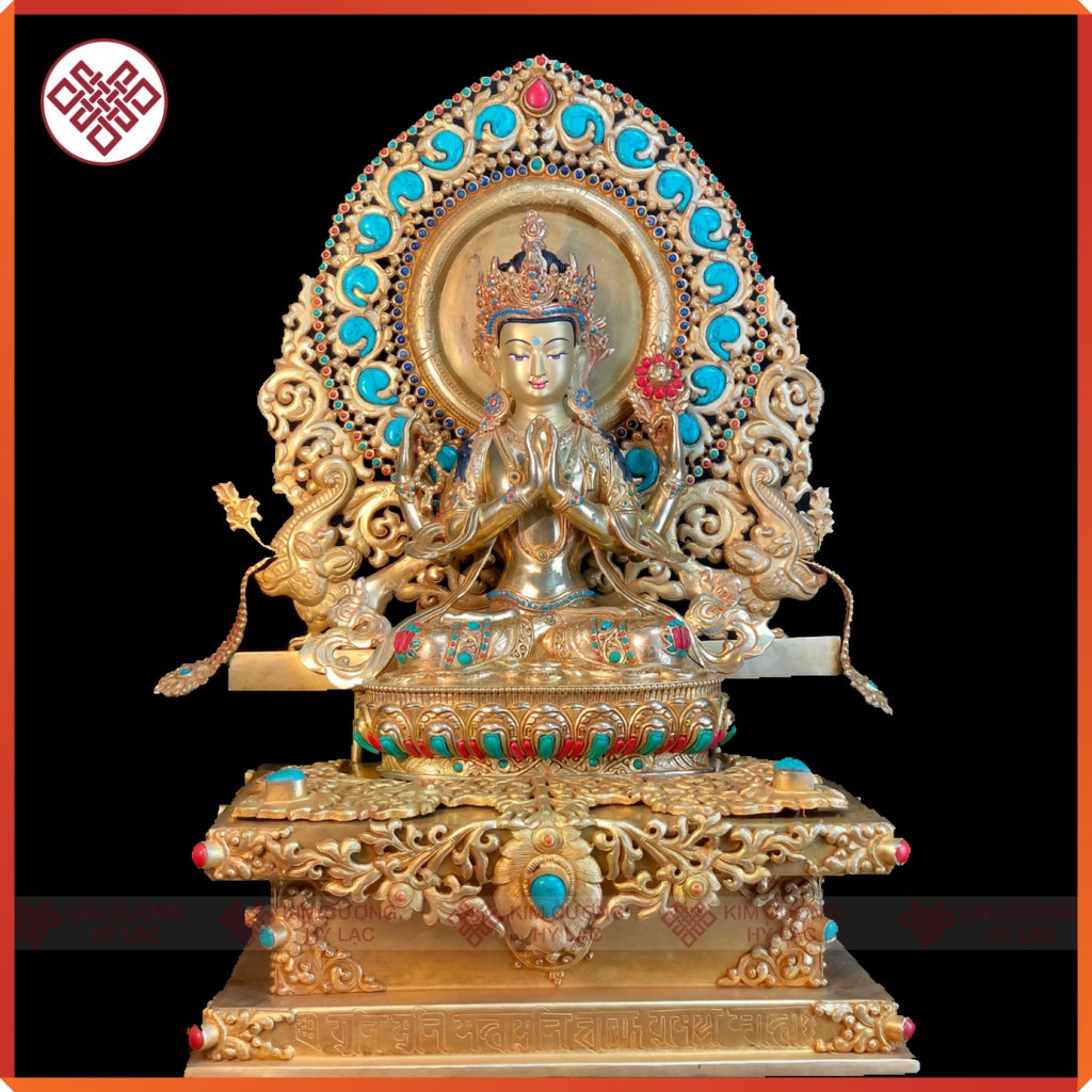 Tượng Phật Quan Âm Tứ Thủ Mật Tông [Kim Cương Hỷ Lạc] Nepal Cẩn Đá 33Cm
