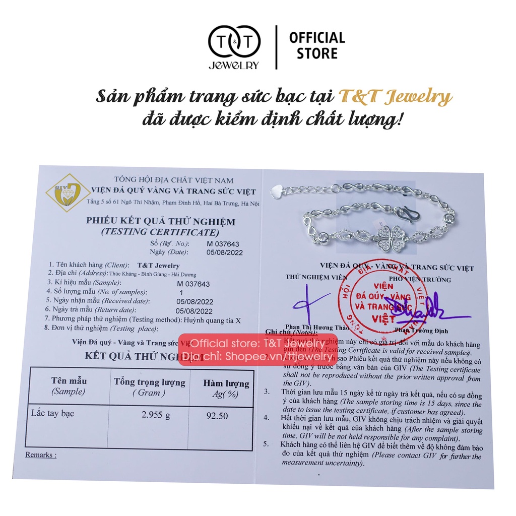 Lắc tay Bạc Ý s925 Hoa Bốn Lá T&amp;T Jewelry cao cấp LT02