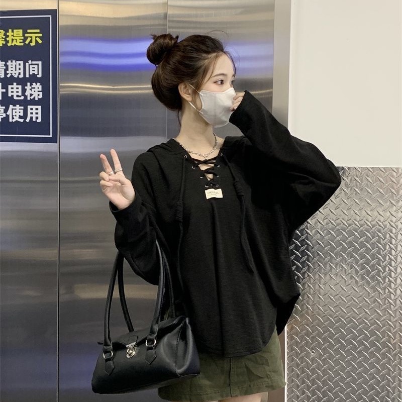 Áo thun COZOKC tay dài có mũ trùm đầu dáng rộng thời trang