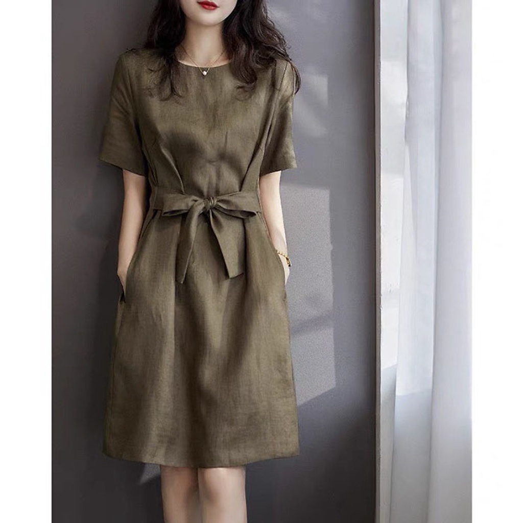 (TỔNG KHO LÂM ANH CHUYÊN SỈ) Đầm linen dáng xòe tay cộc trẻ trung - Xanh rêu