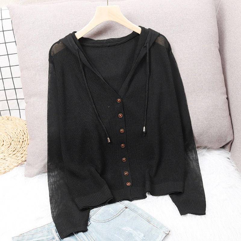Áo Khoác Cardigan Dệt Kim Mỏng Có Mũ Trùm Phối Nút Thời Trang Mới 2022 Cho Nữ