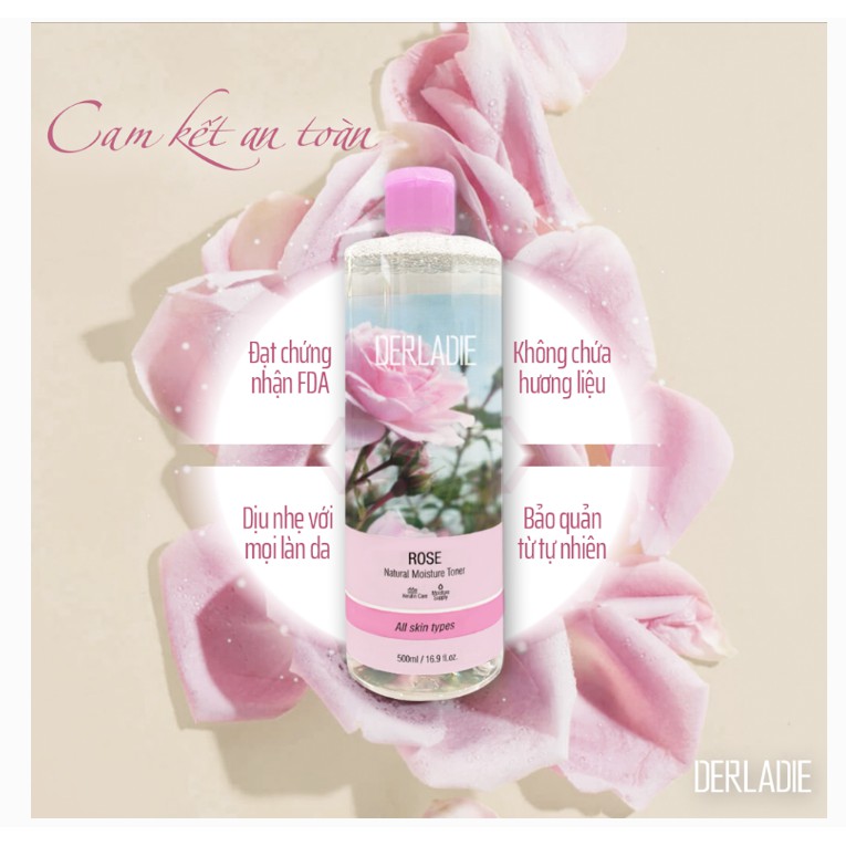 Nước Hoa Hồng Ngăn Ngừa Mụn, Thu Nhỏ Lỗ Chân Lông Chiết Xuất Hoa Hồng Derladie Natural Moisture Toner #Rose 500ml