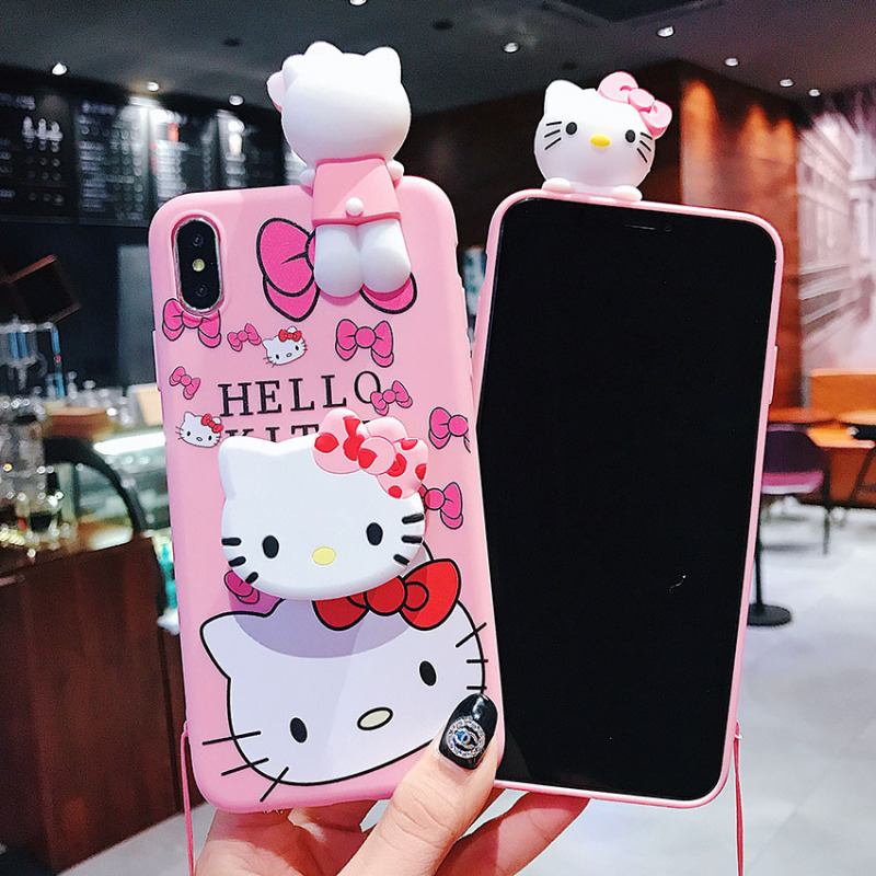 OPPO A3s A12e Realme C1 A7 A5s A11k A9 A5 2020 A31 A91 Reno 3 A52 A92 A53 A32 A33 2020 A93 Reno4 F A15 Dễ thương hoạt hình Hello Kitty Vỏ điện thoại di động Hello Kitty Vỏ silicon mềm màu hồng có giá đỡ dây buộc