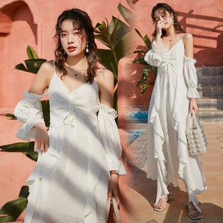 Váy đầm maxi du lịch boho bohemian vintage dáng dài màu trắng 2 dây hở vai đẹp cao cấp
