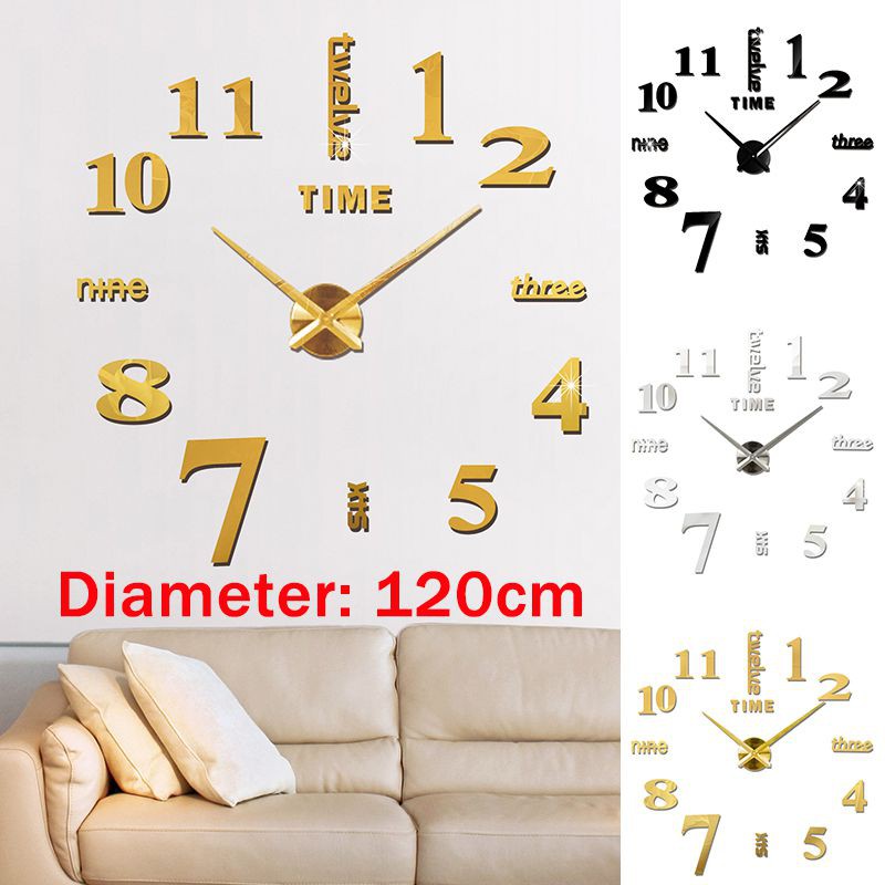 Large DIY 3D Frameless Number Wall Clock Mirror Sticker Home Office Room Decor