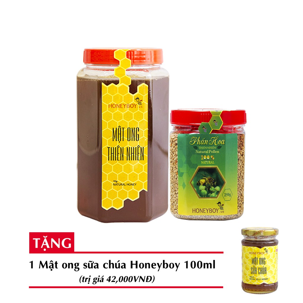 [Độc quyền]Bộ 2Mật ong thiên nhiên HONEYBOY1kg+Phấn hoa thiên nhiên HONEYBOY250g + tặng1 Mật ong sữa chúa HONEYBOY 100ml