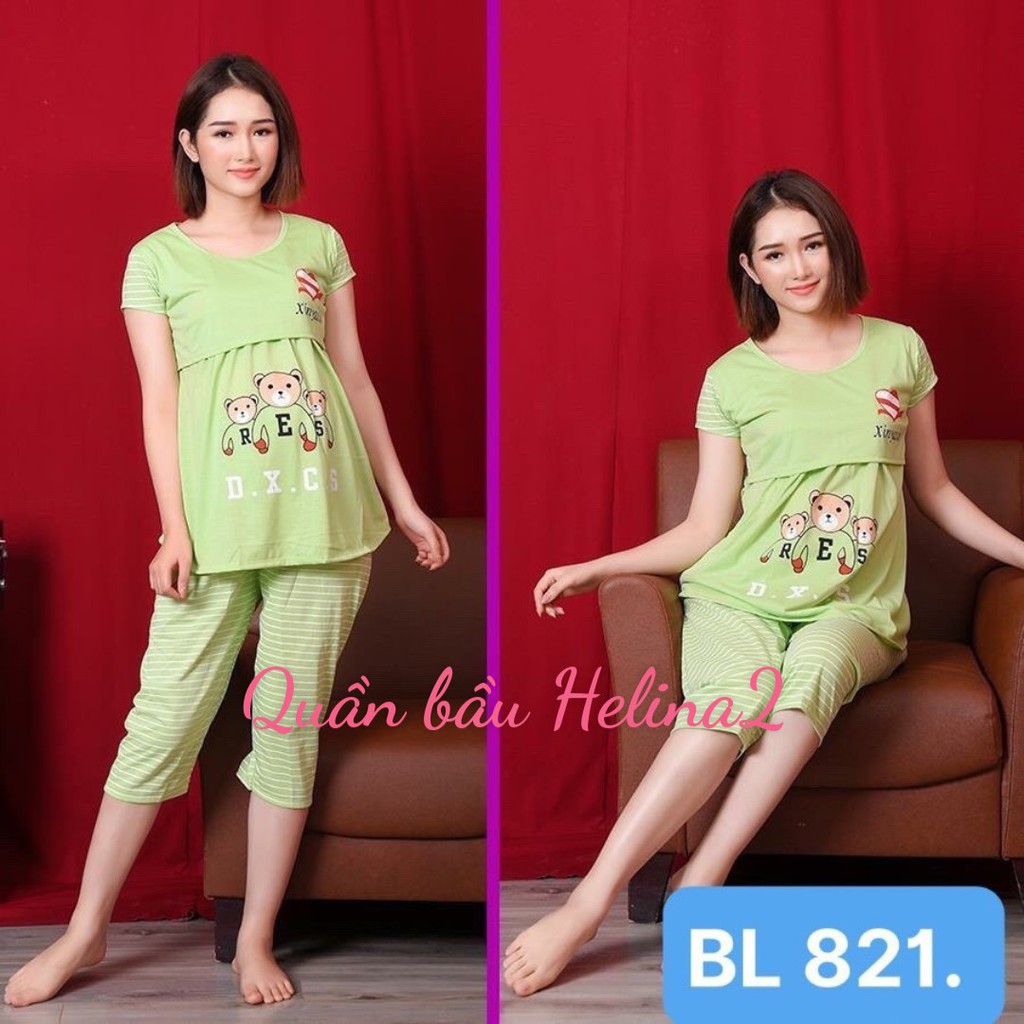 Bộ đồ bầu LỬNG CHẤT COTTON họa tiết ngộ nghĩnh, áo lật cho con bú sau sinh  BL821