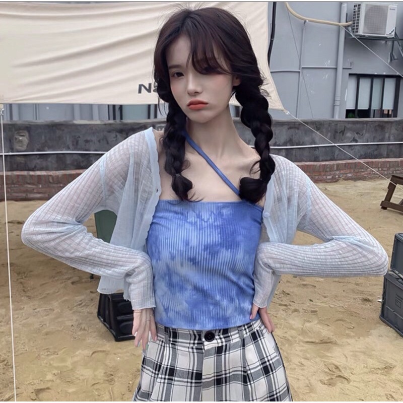 Áo khoác cardigan mỏng cổ tim 1 khuy phối áo 2 dây chéo lệch kiểu dáng Hàn Quốc phong cách ulzzang