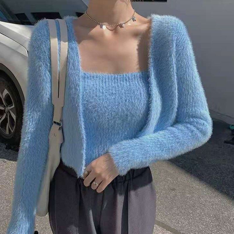 Set Áo Hai Dây Kèm Áo Khoác Cardigan Thời Trang Mùa Thu Phong Cách Phương Tây Cho Nữ