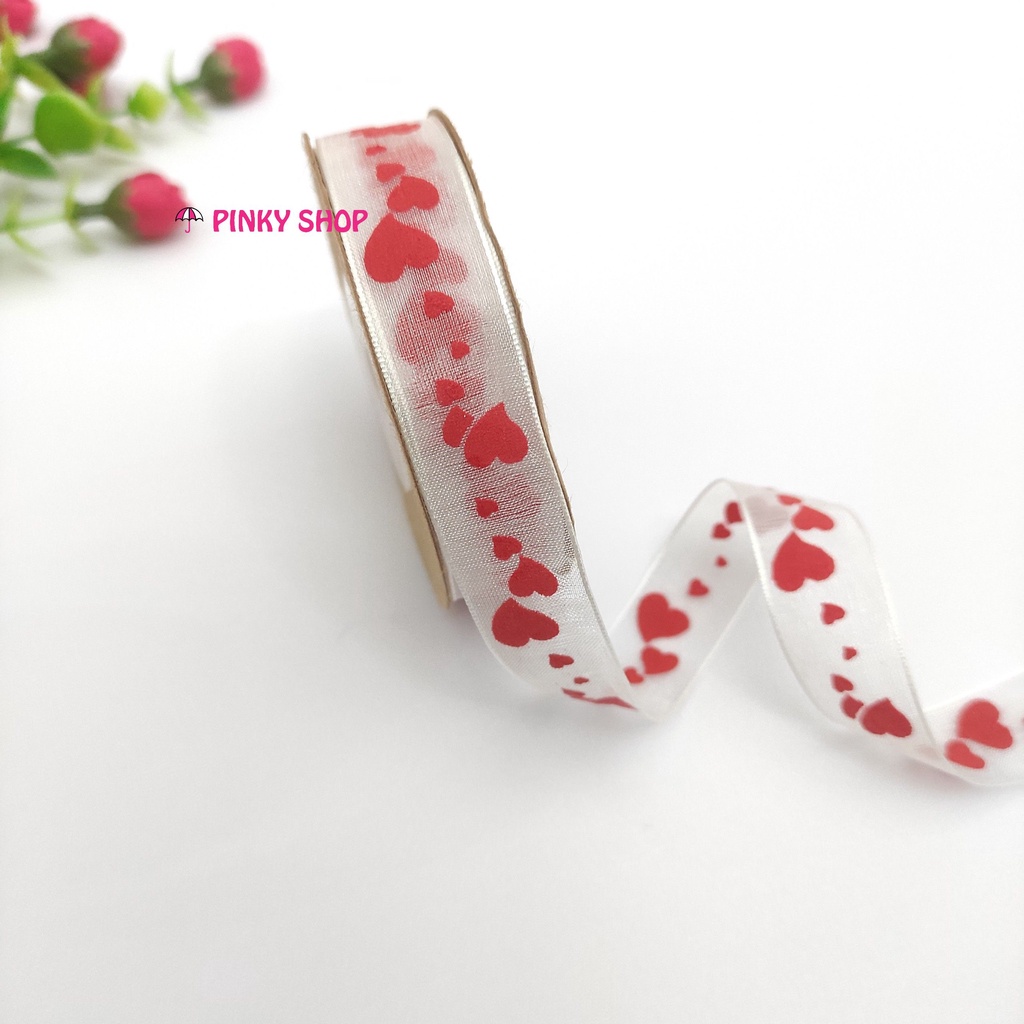 Dây ruy băng voan lưới in họa tiết hình trái tim màu đỏ dùng đóng gói quà tặng Valentine DIY, trang trí bó hoa Pinky