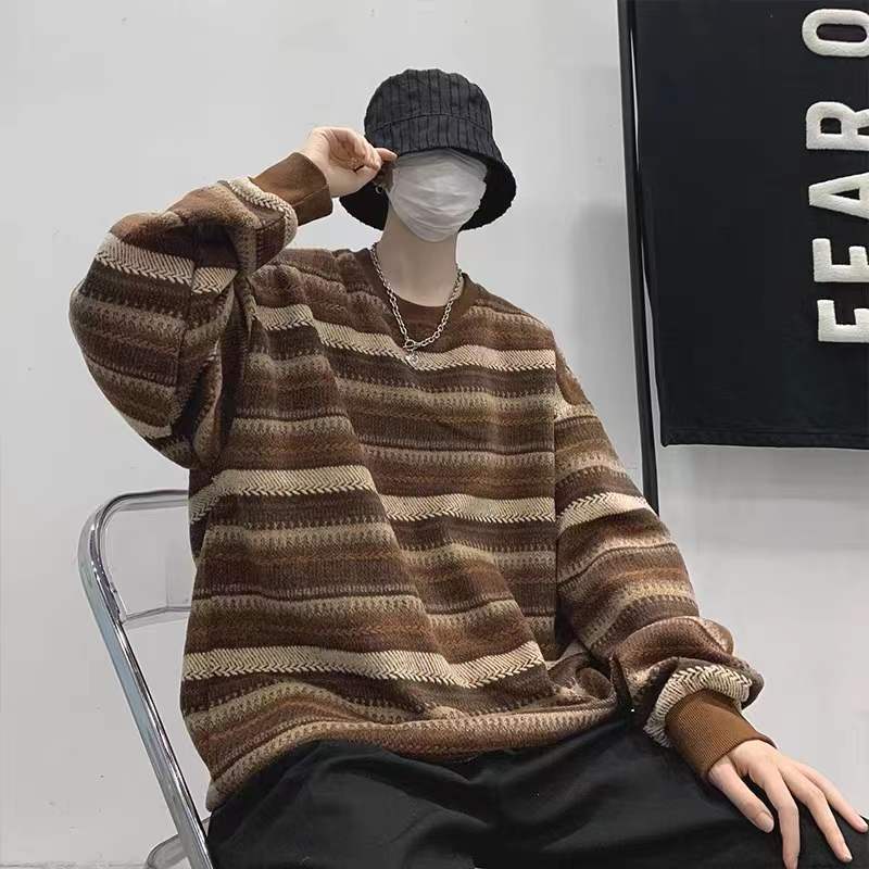 Áo Sweater Dáng Rộng Cổ Tròn Họa Tiết Kẻ Sọc Phong Cách Vintage Hàn Quốc Cho Nam