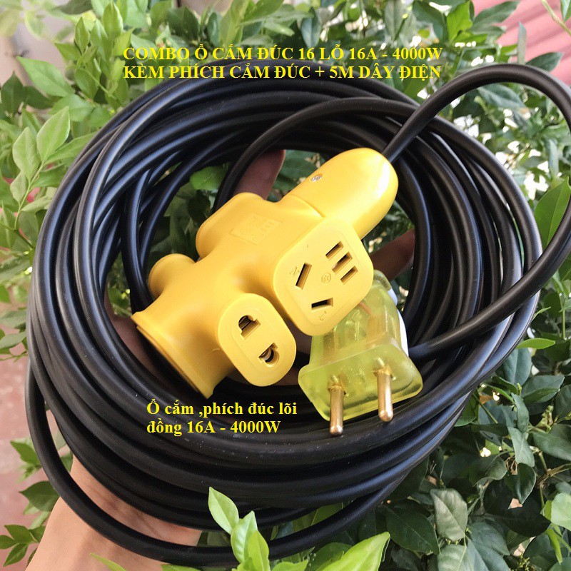 Cuộn Dây điện chính hãng 5m dây kèm ổ cắm đúc ,có đèn phích cắm không vở siêu chặt siêu bền 16A4000w
