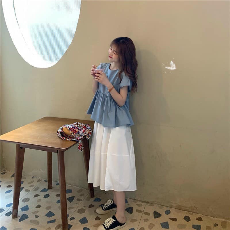 Set áo babydoll nơ kèm chân váy dài có lót như hình