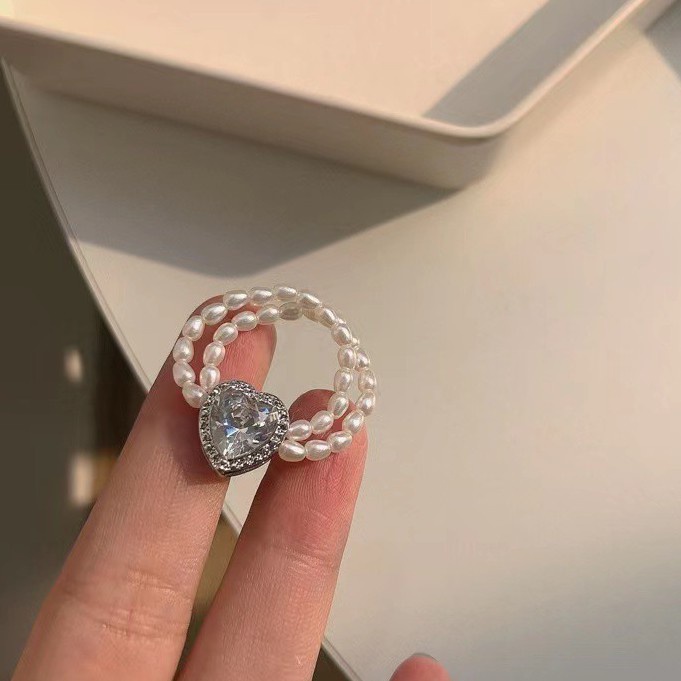 Nhẫn Hai Lớp Đính Ngọc Trai Màu Đen Hình Quả Đào Dễ Điều Chỉnh Cho Nữ