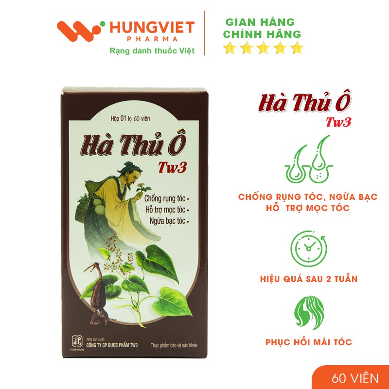 Viên uống HÀ THỦ Ô TW3 - Hỗ trợ giảm nguy cơ tóc bạc sớm, ngăn rụng tóc HungViet Pharma lọ 60v