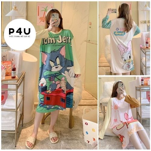 Đầm Ngủ Dài Tay Thun Sữa Mềm Mịn, Váy Ngủ Suông Hoạ Tiết Nghộ Nghĩnh Dáng Dài Freesize