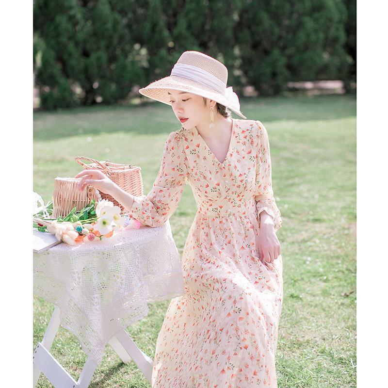 Đầm maxi tay dài cổ chữ V thiết kế hoa xinh xắn cho nữ cỡ S - 2XL