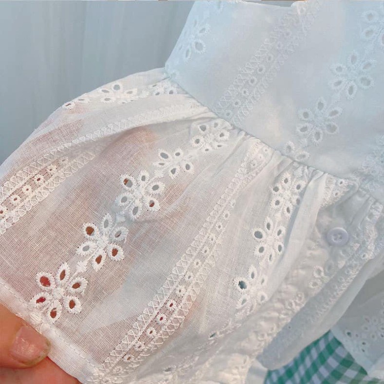 Đồ bộ trẻ em cho bé gái mùa hè áo sơ mi đũi trắng mix quần kẻ xanh xinh xắn điệu đà JIMADO 44810447001
