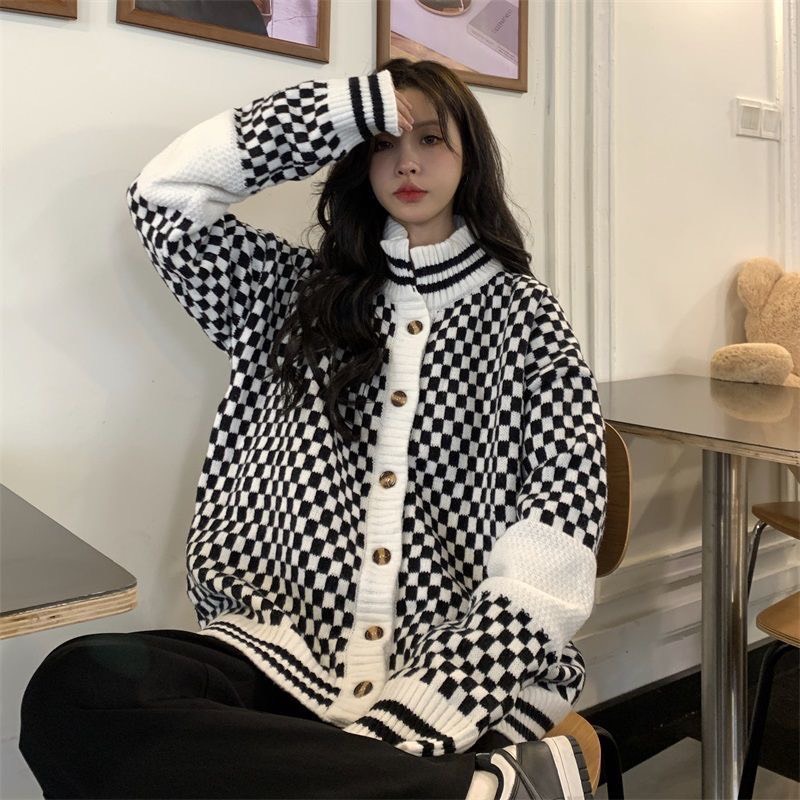 Cardigan Len Nữ Form Rộng, Áo Khoác Cardigan Kẻ Caro Cao Cổ Mùa Đông Mặc Cực Ấm Phong Cách Hàn Quốc