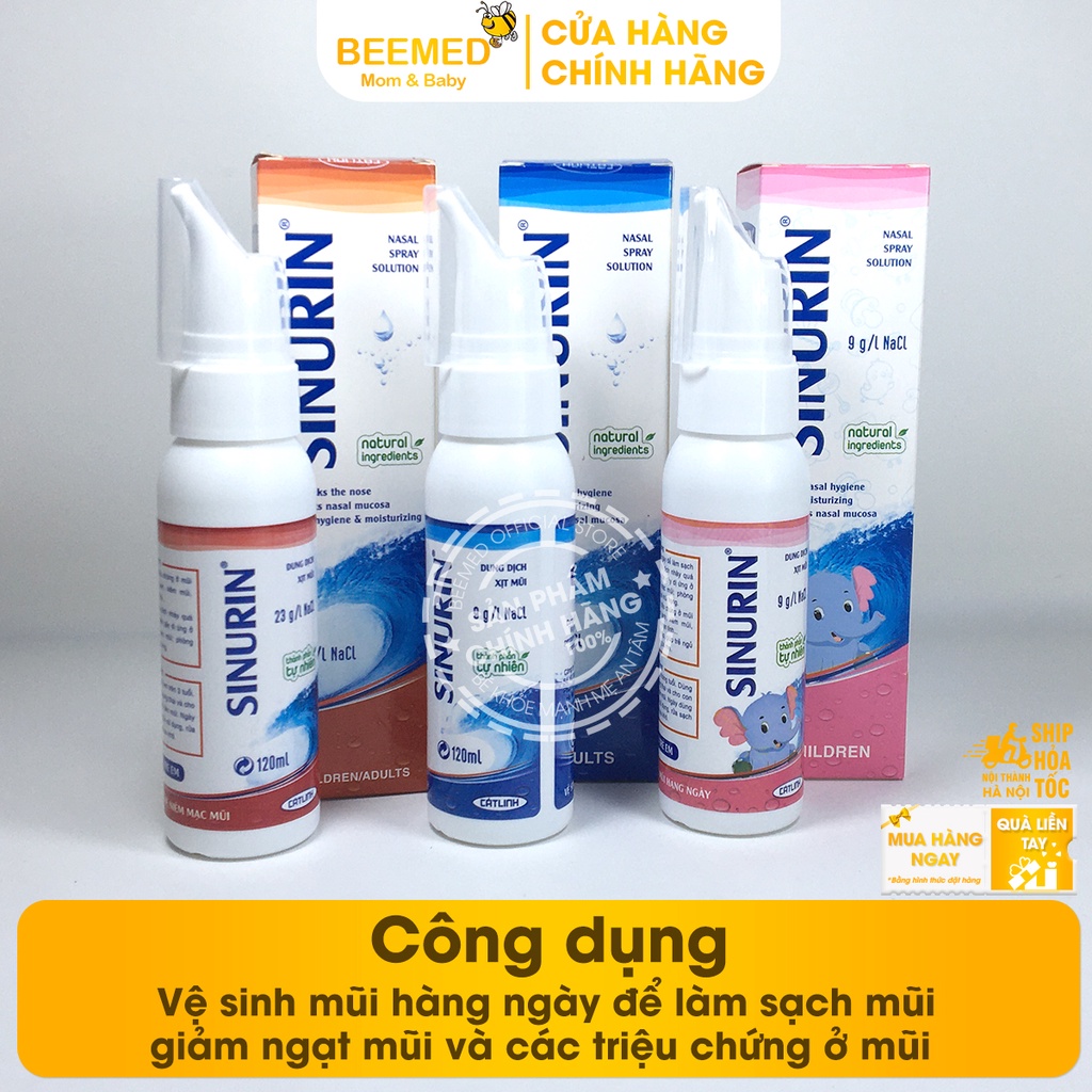 Xịt nước muối biển Sinurin của Dược Cát Linh từ muối ưu trương, đẳng trương, cho bé từ 3 tháng và người lớn Lọ 120ml