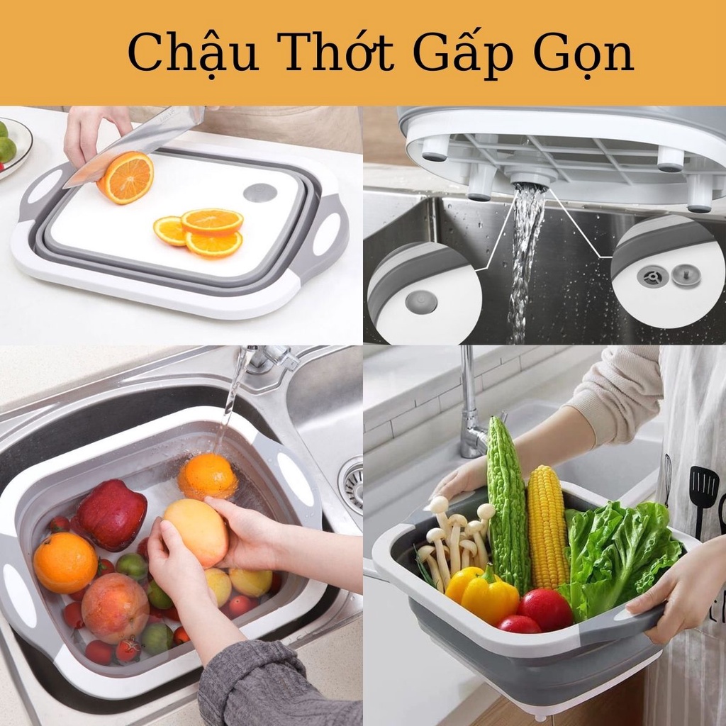 Thau Chậu Rửa Gấp Gọn Kiêm Thớt Thái Rổ Đựng Đa Năng Tiết Kiệm Diện Tích