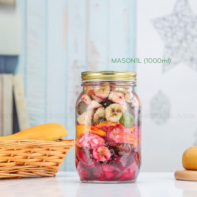 HỦ 1lít THUỶ TINH MASON-NẮP NHÔM VÀNG IN HOA