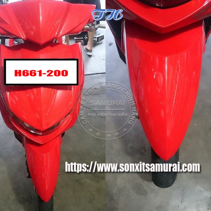 Sơn Xịt Samurai chuyên dùng cho xe máy màu đỏ tinh khiết H661-200 chống cháy, chống rạn nứt, vòi xịt chống chảy