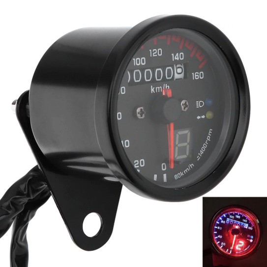 ĐỒNG HỒ XE MÁY CAFE RACER, TRACER - Đồng hồ độ đo km classic màu đen có kèm báo số và 2 đèn báo chức năng cơ bản