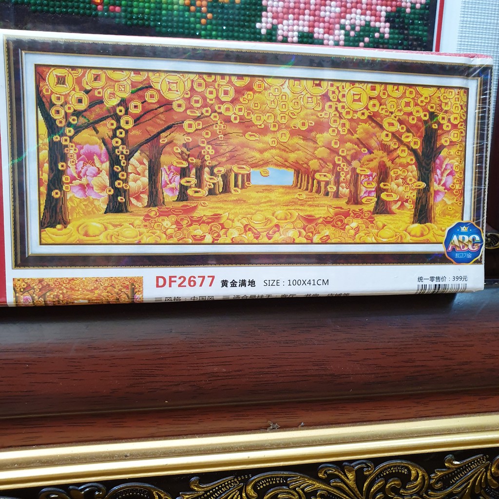 Tranh Đính Đá PHONG CẢNH RỪNG CÂY TIỀN VÀNG. Kích Thước: 1m x 41cm - 1m50 x 70cm