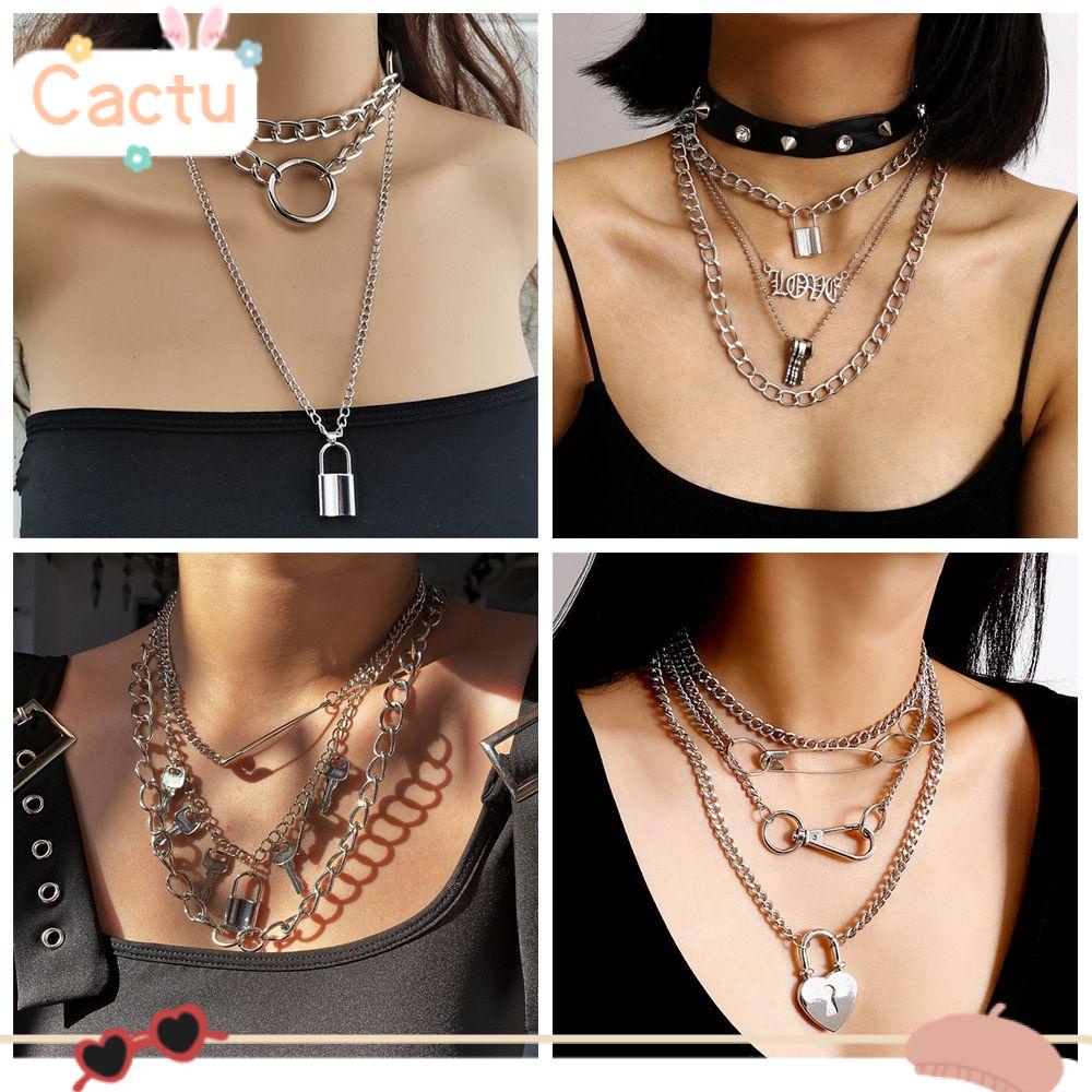 CACTU Cool Dark Gothic Party Jewelry Rivet Choker Punk Necklace Biker Rock Stainless Steel Multi-Layer Chain Women Mens Hip Hop Lock Pendant