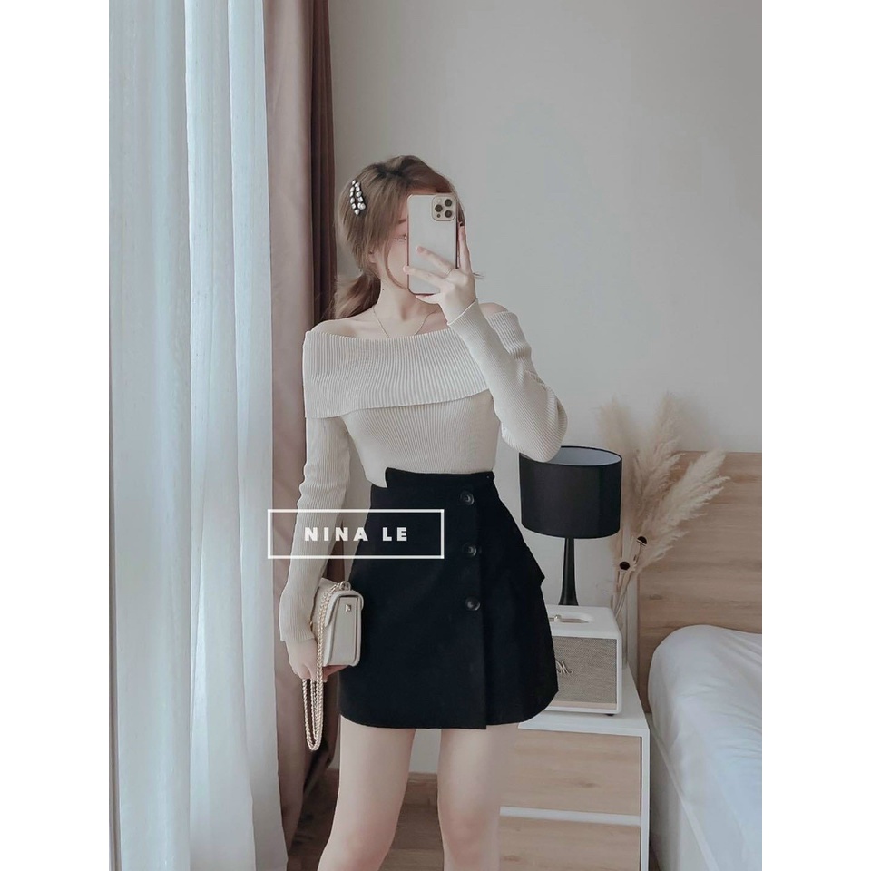 (ảnh thật) SET ÁO LEN TĂM TRỄ VAI siêu xinh mix chân váy nhung tăm cúc lệch Phong Cách Hàn Quốc