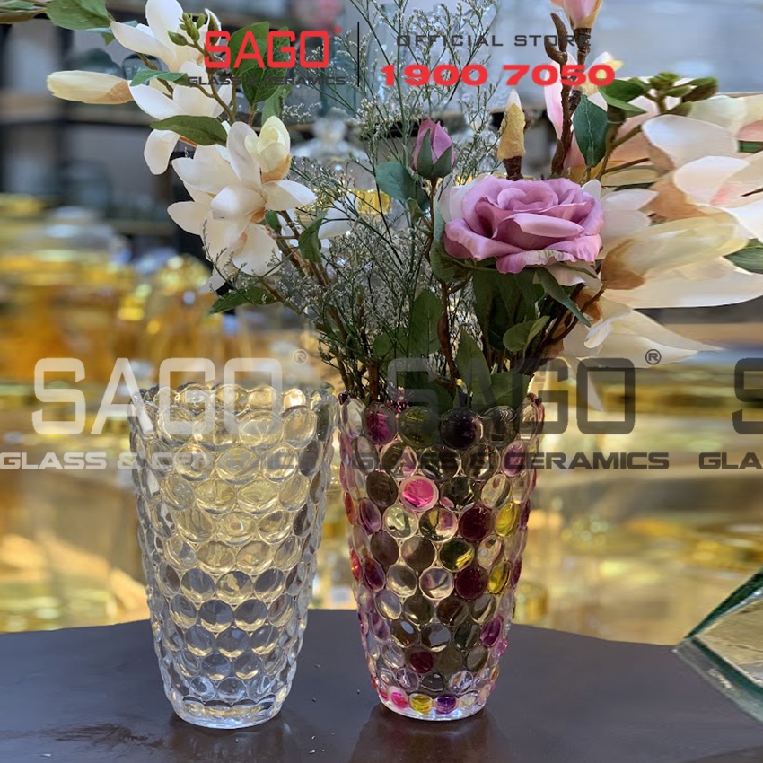 Binh Hoa Thủy Tinh Bầu Loe Chấm Bi 23cm | Tùy Chọn Màu , Lọ Hoa Thủy Tinh Cao Cấp