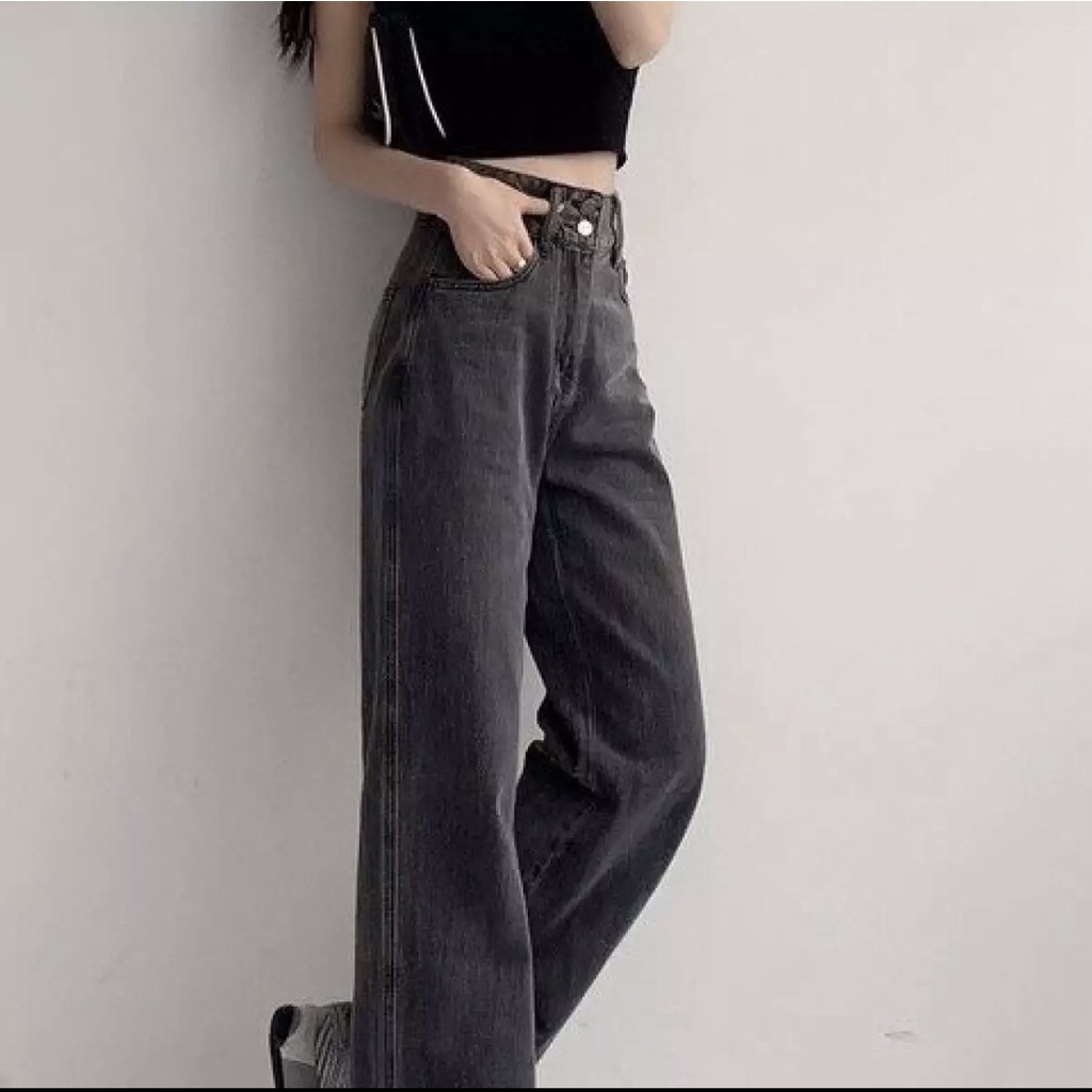 Quần Jean Nữ Lưng Cao Ống Rộng Dáng Suông Dài Qua Chân Kiểu Túi Truyền Thống Đơn Giãn Dễ Phối Áo Crt